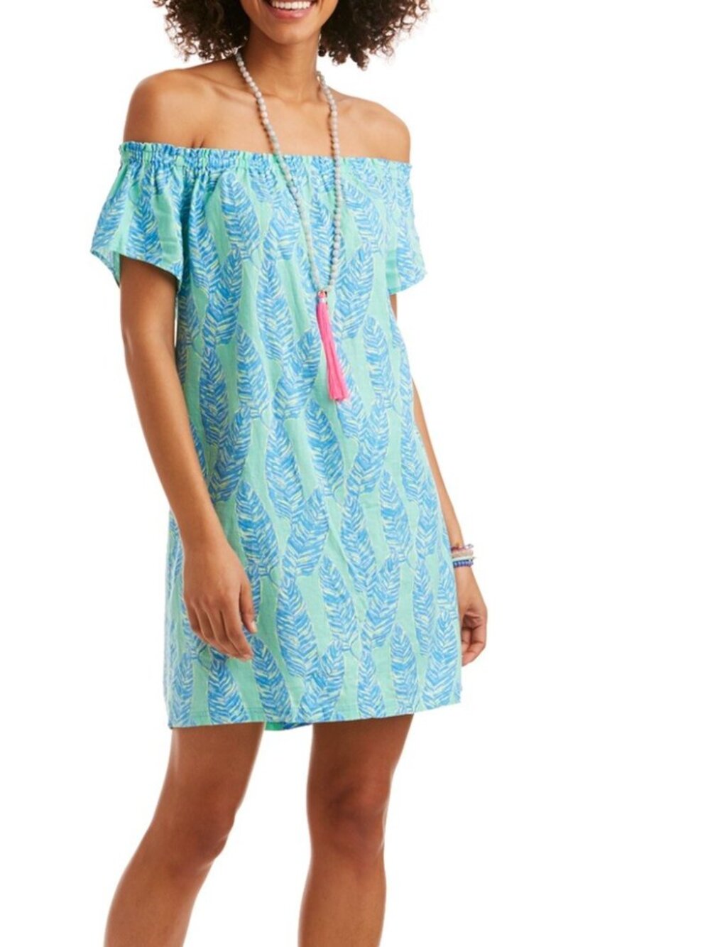 Vineyard Vines Linen Blend Off Shoulder Mini Dress Sz L Beach Hawaii Palm Print